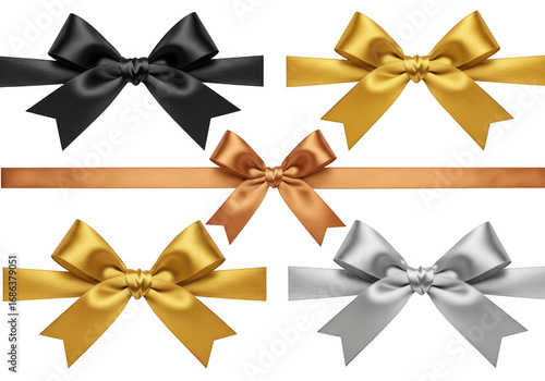 Set of satin ribbons and bows isolated on transparent background