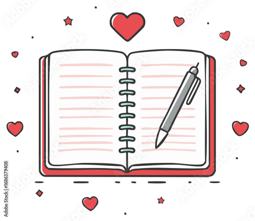 Hand drawn doodle of an open diary with a pen surrounded by floating red love hearts