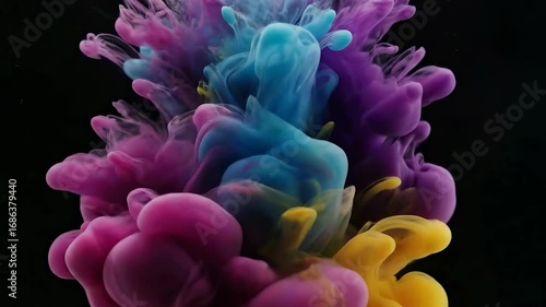 An ethereal burst of vibrant multicolored ink, with flowing clouds of pink, blue, and yellow creating an abstract pattern in water against a black background