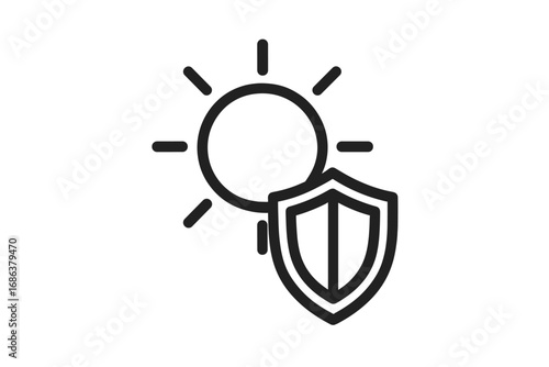 Sun and Shield Line Icon Set. Vector Cartoon Style Illustration. Protection, Safety, Security Concept. Modern Graphic Design Elements for Web, Cards, Articles, Books, UI, Transparent Background