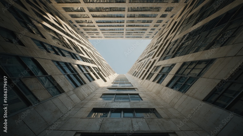 Fototapeta premium Abstract perspective of modern architecture showcasing complex design and geometry