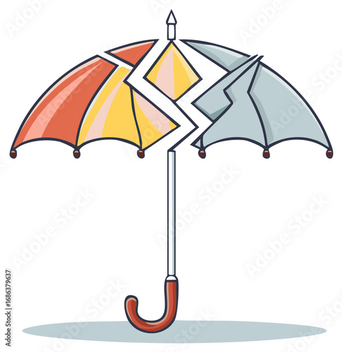 Broken umbrella design illustration, colorful cartoon style, concept of damage and protection