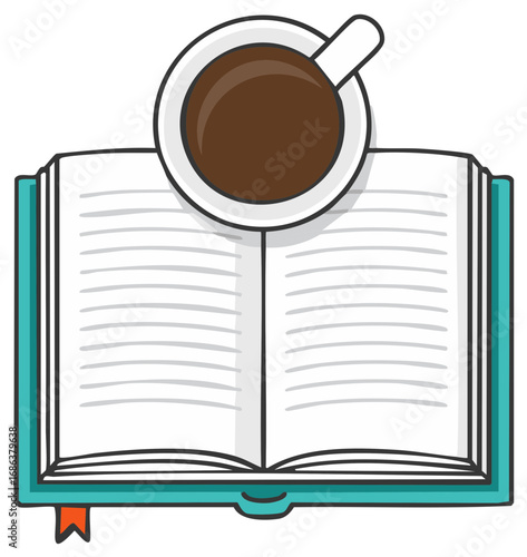An open book with a cup of hot coffee resting on its pages, creating a cozy reading atmosphere.