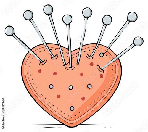 Heart Pincushion with Pins Illustration for Valentine's Day and Sewing Projects