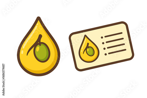 Olive oil logo concept with drop and business card. Vector icon for organic food, natural cosmetics, healthy cooking. Golden liquid with green olive. Branding identity set.