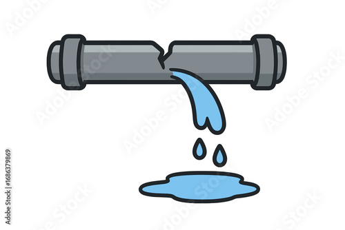 Broken pipe water leak icon. Plumbing disaster concept. Flood damage symbol. Pipe burst cartoon illustration. Utility emergency graphic. Transparent background vector. Repair ordered set pack.