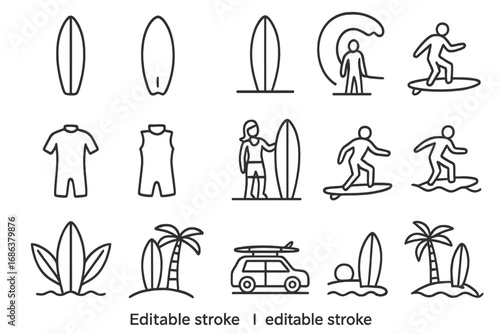 Surfing board thin line icons set. Editable stroke vector illustration of surfboards, wetsuits, wave surfing, palm trees, van with surfboard, coastal beach, surfer action, water sports design