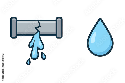 Broken pipe water leak vector illustration, plumbing accident, water damage emergency concept, cartoon burst pipeline, transparent background, repair maintenance icon, utility crisis graphic