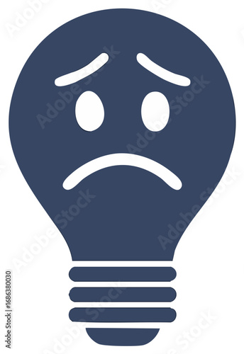 Blue lightbulb with a sad face conveying failure or a bad idea