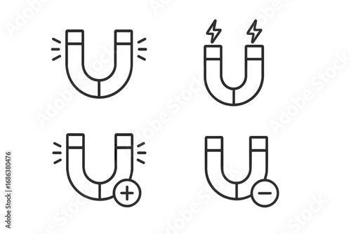 Magnet line icon set for marketing and customer attraction. Lead generation and client retention concept. Vector pictogram with editable stroke. Physics, energy and science.