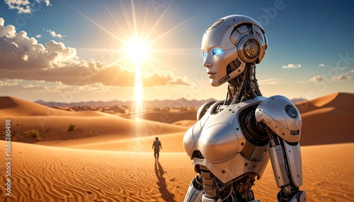 Futuristic robot in a desert landscape