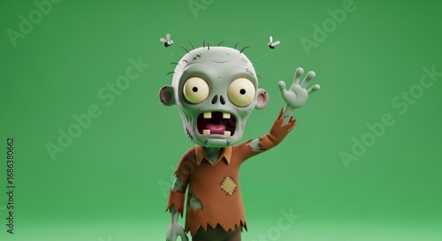 A friendly cartoon zombie with flies buzzing around its head, waving its hand against a green screen background, creating a playful and spooky atmosphere