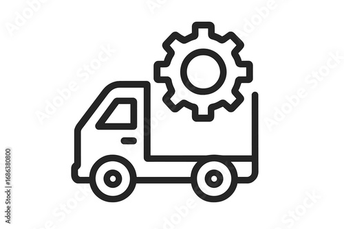 Truck and gear line icon for logistics, fleet management. Concept for delivery service, vehicle maintenance, transport technology, industrial shipping. Vector symbol for app.