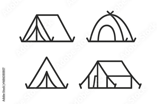Modern Tent Outline Icon Set for Camping, Outdoor Adventure, Hiking, Backpacking, Travel, Vector Cartoon Illustration Collection, Minimal Line Art for Web, App, Card, Social Media Design Use