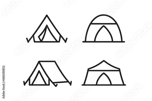 Modern tent outline icons collection vector illustration. Camping equipment, outdoor shelter, travel tourism, adventure gear. Transparent background, cartoon design, social network, app graphic set.