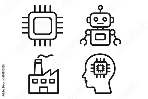 Technology line icon set collection. Microchip, robot, factory automation, artificial intelligence, outline vector signs for graphic design, web, apps, advertising, cards, cartoon illustrations.