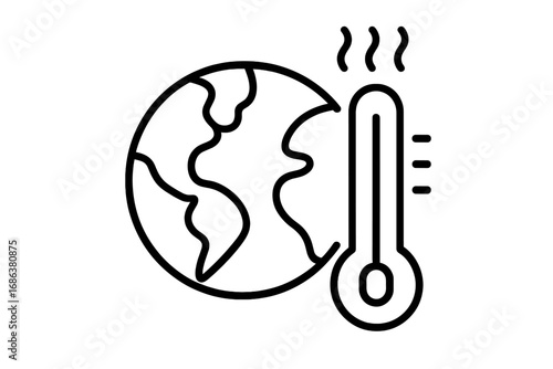 Thermometer by Earth Globe Outline Icon Minimalistic Global Climate Change Temperature Concept for Web Graphic Design Applications Banners Social Media Network Cards Stock Vector Illustration