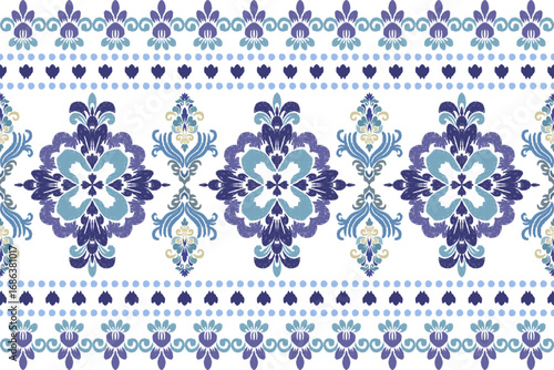 Blue Motifs Ikat floral paisley embroidery floral.ikat ethnic oriental pattern traditional.Oreintal Flora Damask Seamless pattern embroidery.Design for carpet,cover.wallpaper,clothing,ceramic product.