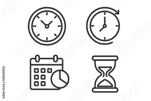 Time outline linear icon set. Vector cartoon clock, stopwatch, calendar symbols for web design, mobile app UI, advertising, cards. Transparent background, ordered graphic design elements.