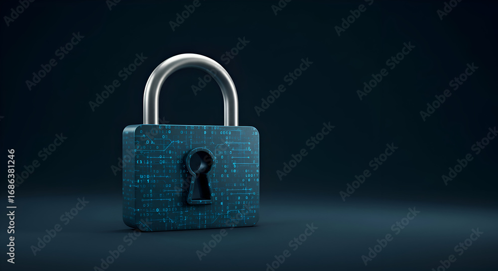 Fototapeta premium 3D digital padlock with binary code overlay, standing on a dark surface. Modern security technology image for commercial use.