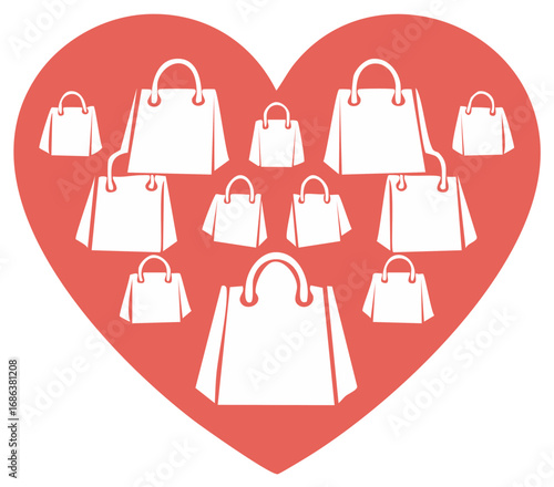 Red Heart Filled with White Shopping Bag Icons Symbolizing a Love for Shopping