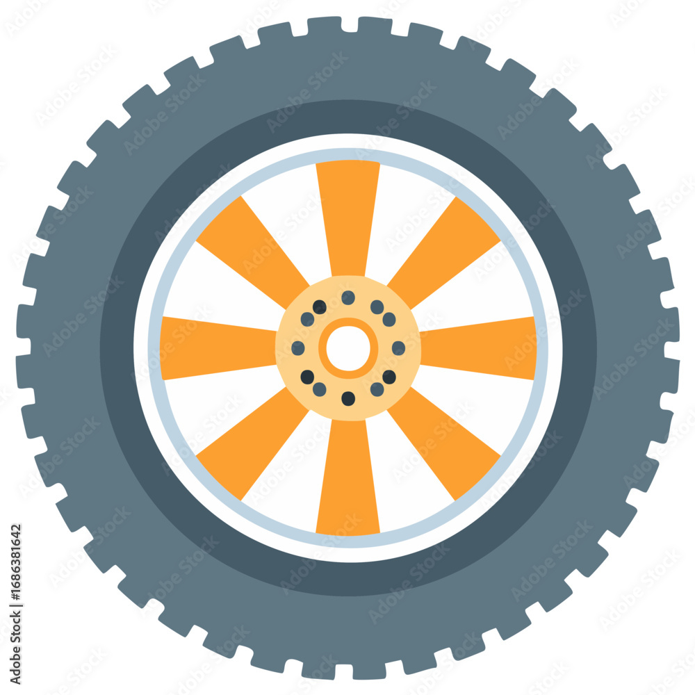 Obraz premium Modern vehicle tire with orange wheel spokes and gray tread flat design illustration