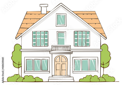 Cartoon illustration of a two-story house with green trees