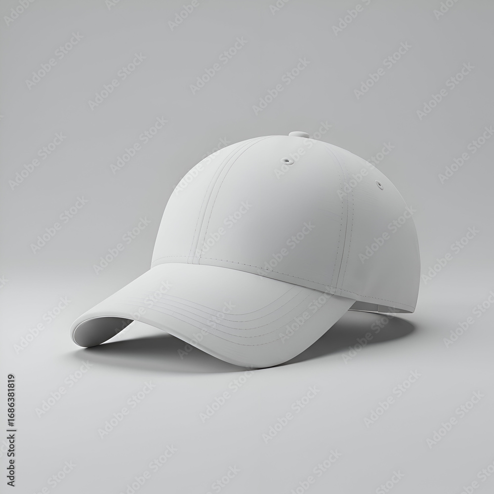 Fototapeta premium Blank white baseball cap angled on a plain background. Blank baseball cap resting on a light gray surface. Generic promotional product for branding purposes.