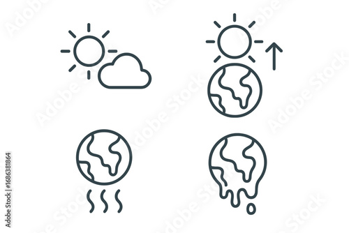 Global warming, climate change, earth overheating, melting planet, greenhouse effect, minimalist thin line icon set for web, infographic, apps, social media, simple vector illustration