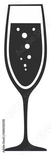 Elegant black and white icon of a champagne flute filled with a sparkling bubbly drink. Celebration beverage silhouette.