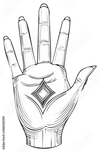 Stylized black and white illustration of an open palm with a diamond shape on the palm