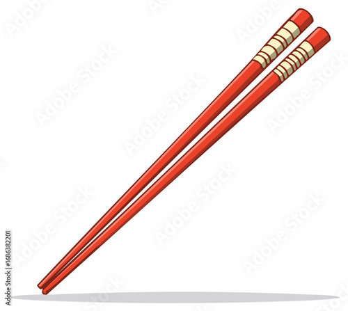 Pair of Red Chopsticks with Traditional Design Elements Used for Eating Asian Cuisine