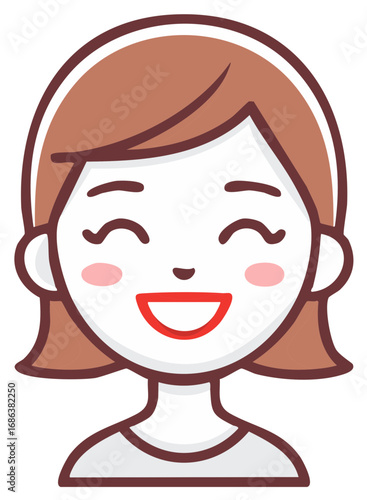 Cute Cartoon Female Character Bust with a Big Happy Smile Simple Line Art Illustration