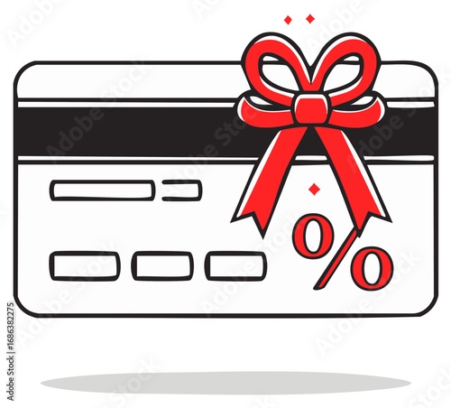 Vector icon of a credit card wrapped in a red gift bow with a percentage symbol for sales and promotions