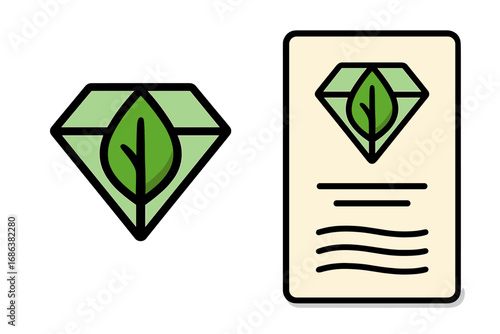 Green diamond leaf logo. Eco-friendly value icon. Sustainability certificate concept. Natural, organic quality symbol. Environmental certification document. Vector for ethical guarantee.