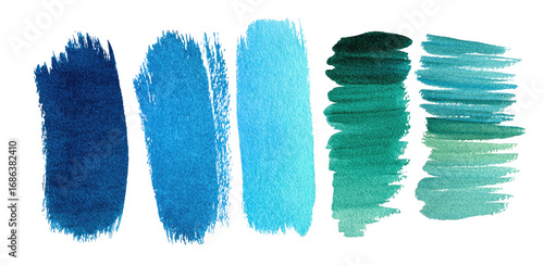 Watercolor paint swatches in shades of blue and teal