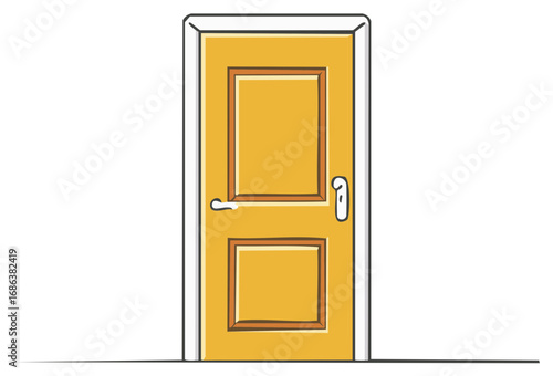 Yellow wooden door with a white frame in a cartoon style, interior design element for architectural projects