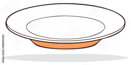 Simple cartoon style illustration of a single empty white dinner plate floating over a surface with a shadow