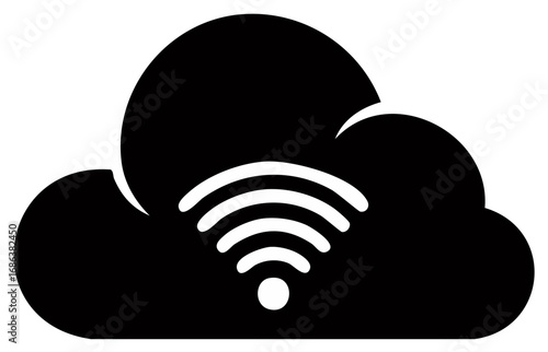 Black cloud icon with white wifi signal symbol inside for technology and connectivity concepts