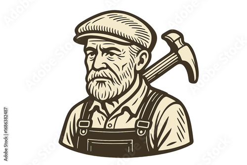 Old man worker logo. Vintage line art of a craftsman or handyman with a hammer. Retro cartoon illustration mascot for a carpentry, repair, or construction business emblem.