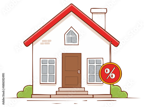 Illustration of a house with red roof and percent symbol.