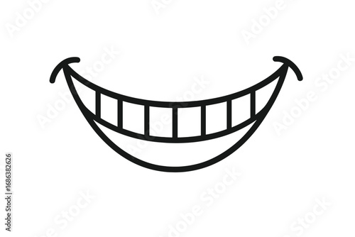Vector cartoon illustration of a wide smile mouth with big teeth, isolated bold black outline, comic style dental health icon, happy expression clipart for web, books, cards, apps, stock resource