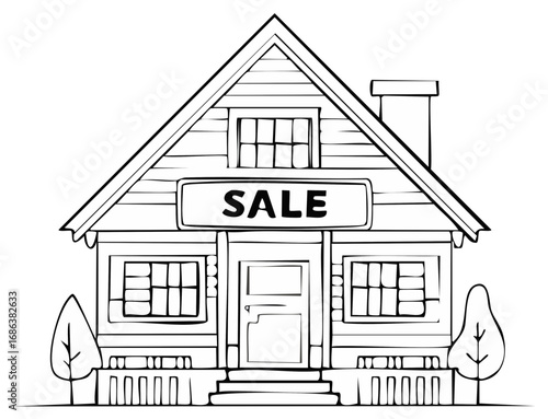 House with sale sign coloring page for kids or adults. Real estate illustration.