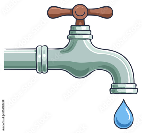 Cartoon illustration of a dripping water faucet with a single water drop