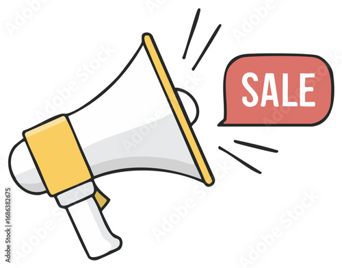 Megaphone with sale message bubble in vector illustration for marketing promotion