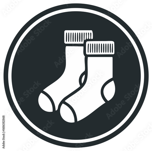 Stylized icon of two white socks inside a dark circle