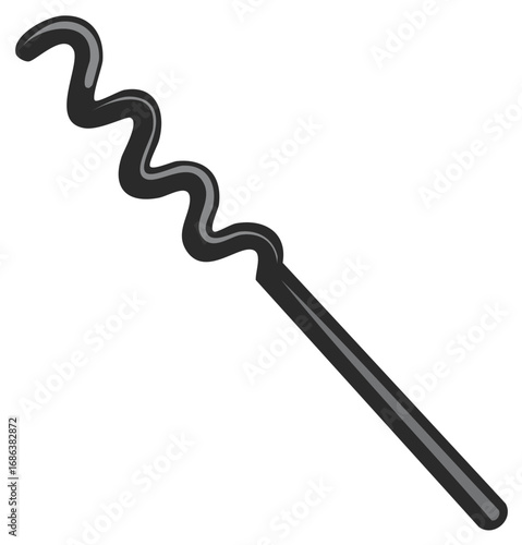 Illustration of a black spiral swizzle stick. Vector graphic of a wavy cocktail stirrer for mixing drinks.