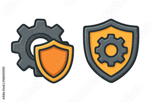 Gear Cogwheel and Shield Symbol, Security Concept, Vector Cartoon Design, Protection Icon, Mechanism, Engineering Technology, Application Graphic Element, Transparent Background Illustration