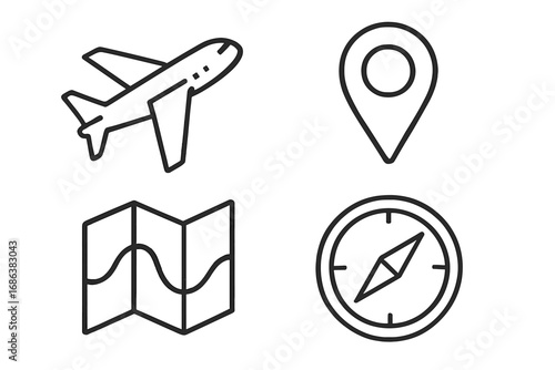 Travel and tourism line icon set. Airplane flight, map navigation, compass direction and location pin point symbols. Vector outline pictogram for web, ui, ux and mobile app.