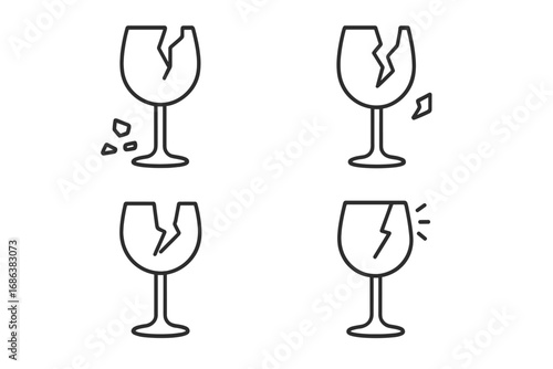 Fragile symbol set. Broken wine glass line icon collection. Handle with care packaging sign. Shipping label pictogram. Shattered glassware, accident, disaster, fragility vector.